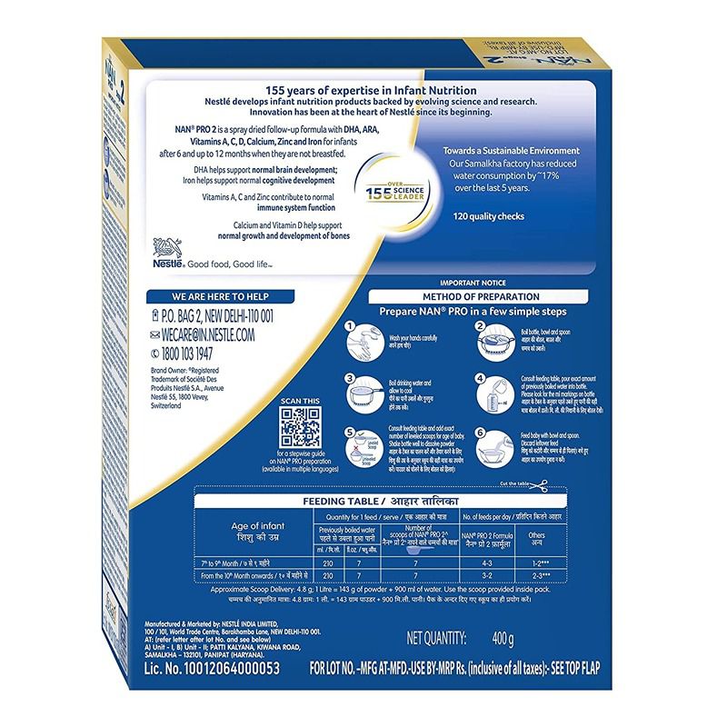Nestle Nan Pro Stage 2 Infant Formula Milk Powder for babies Upto 6-12 Months - 400 gm - Image 2